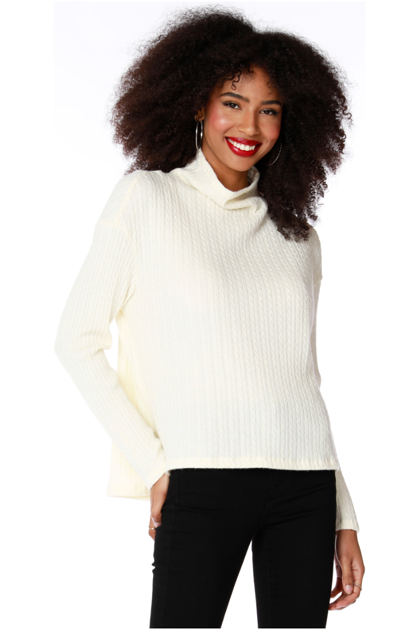 Woman within mock shop turtleneck