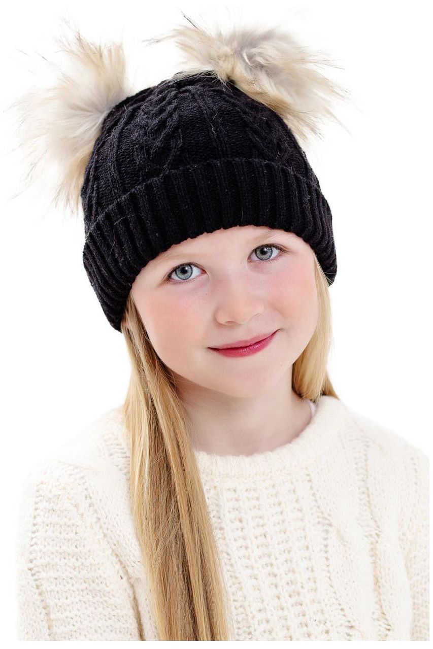 KID'S CABLE KNIT FAUX FUR POM BEANIE