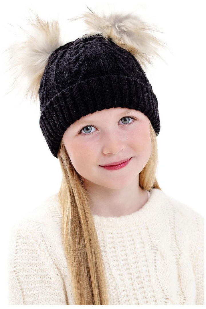 KID'S CABLE KNIT FAUX FUR POM BEANIE