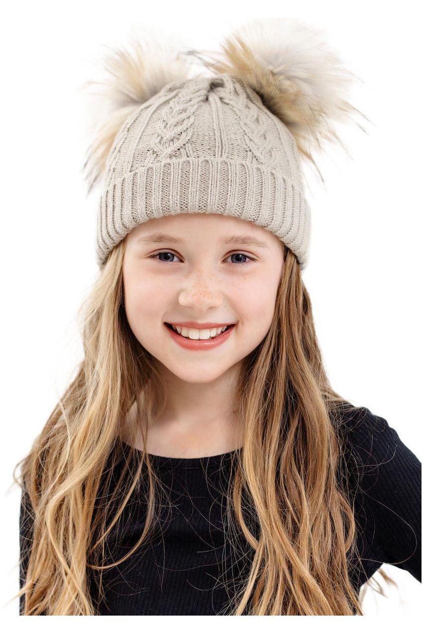 KID'S CABLE KNIT FAUX FUR POM BEANIE