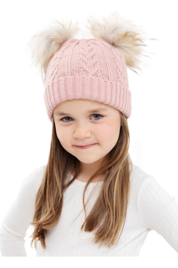 Children's Cable Knit Hat with Faux Fur Poms