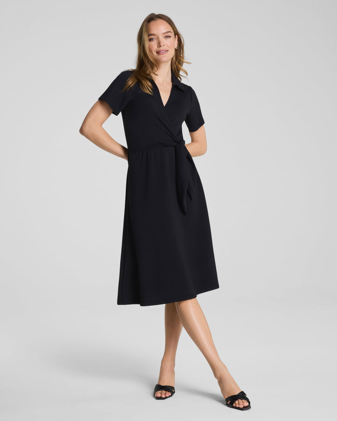 COLLARED TIE-WAIST MIDI DRESS
