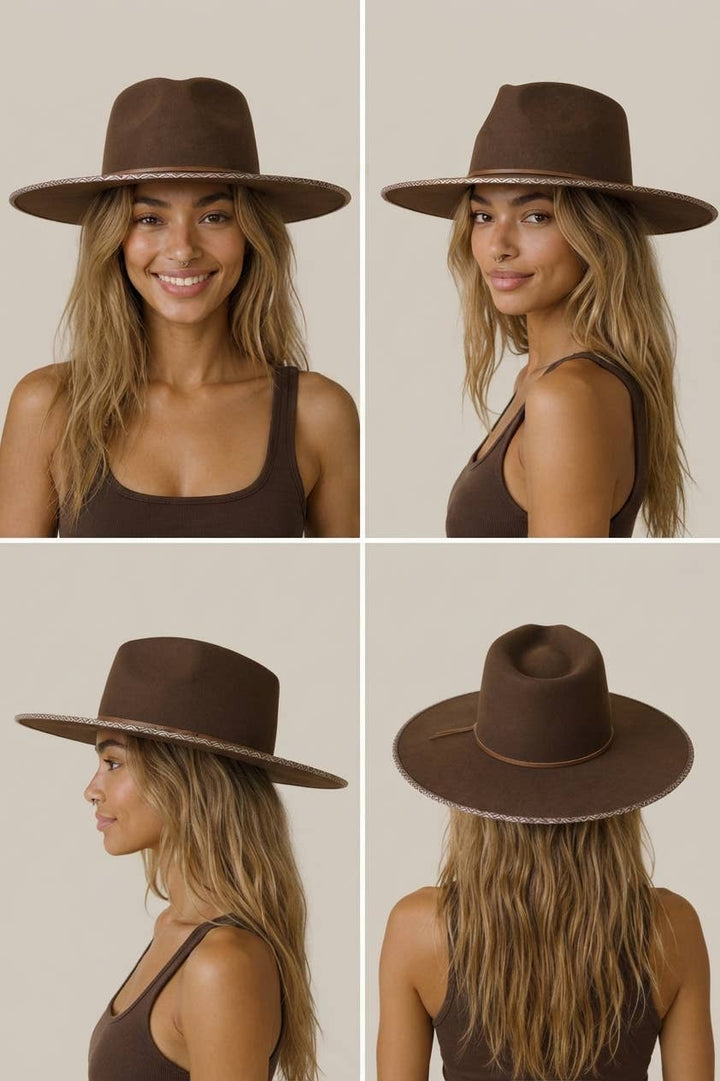 AVRIL - 100% Wool Felt Rancher, Tribal Cocoa Band, Brown