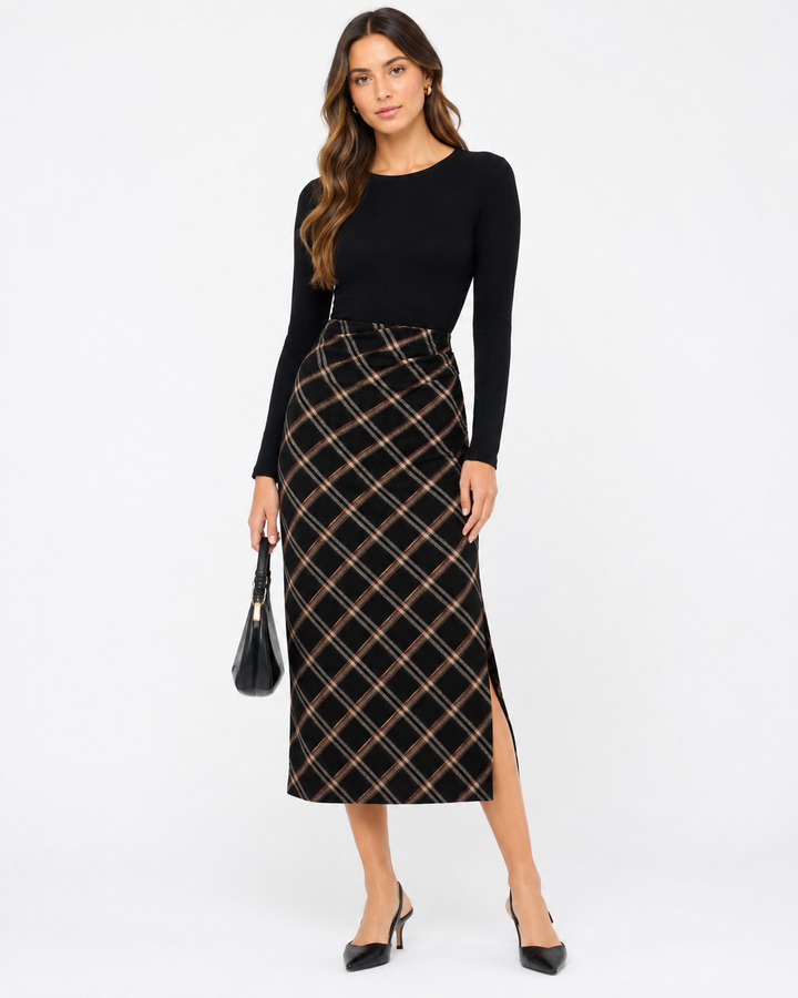 COLETTE RUCHED PLAID SKIRT