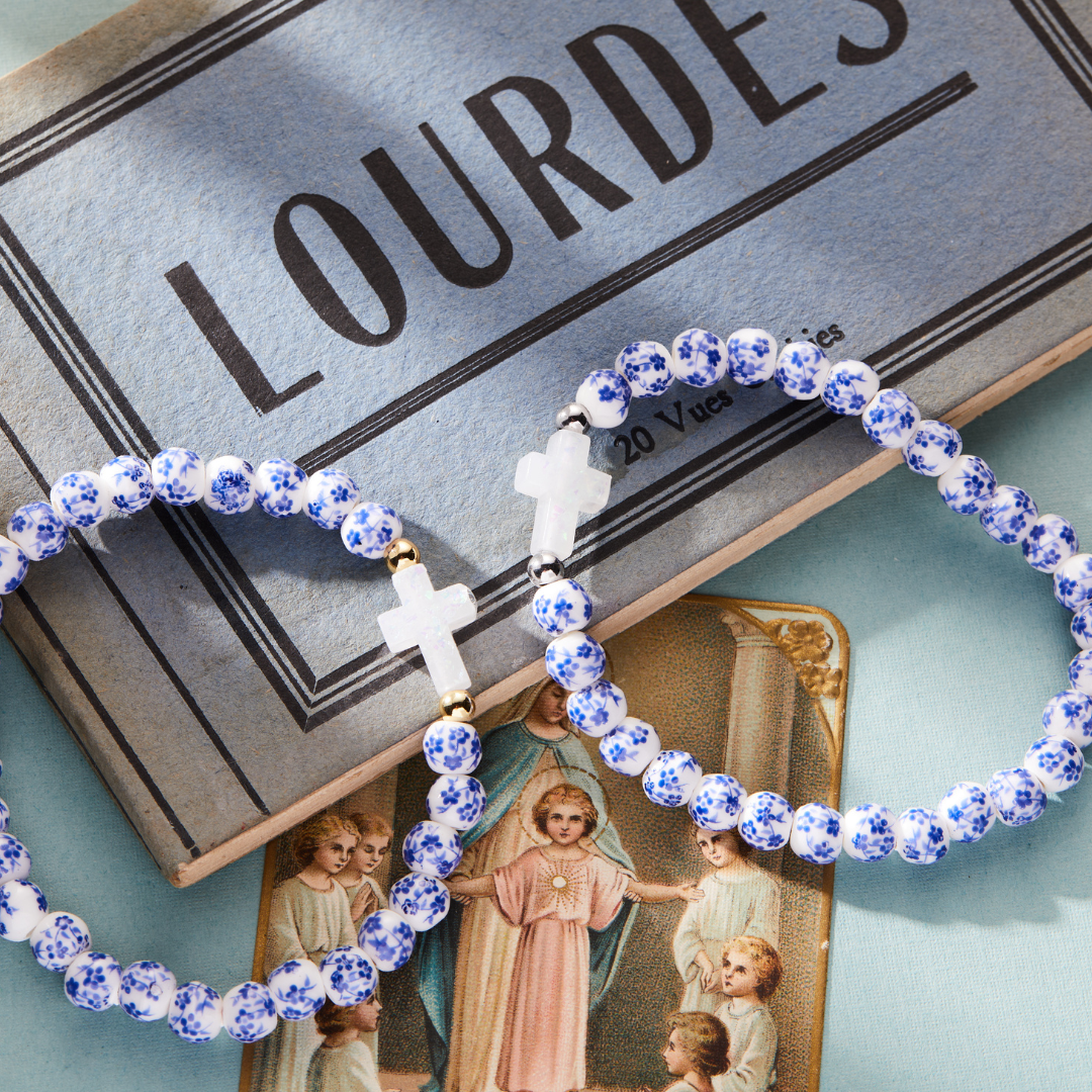 Holy Water Porcelain Cross Bracelet in gold