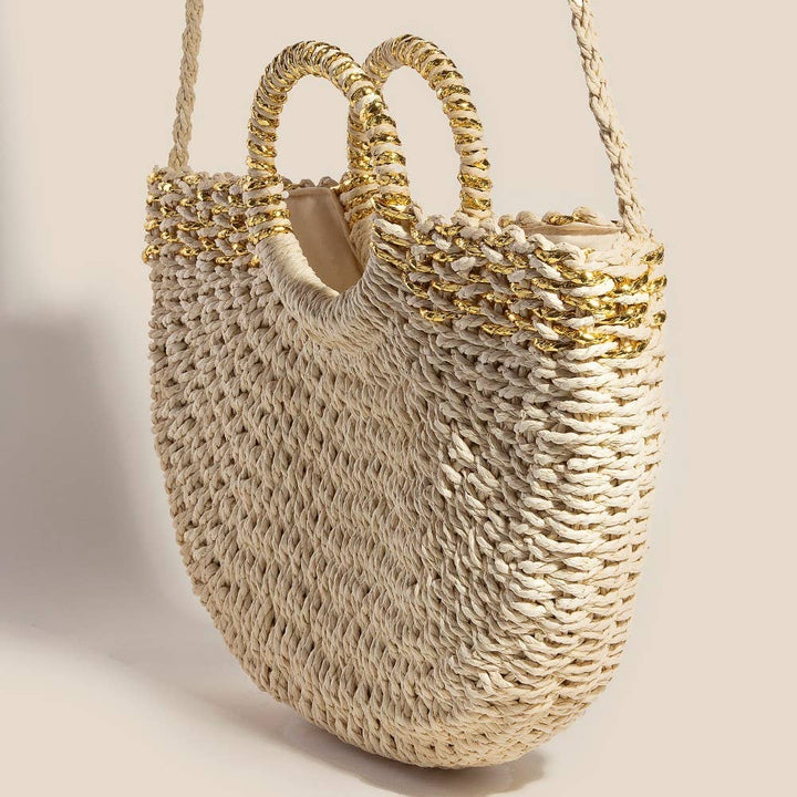 Metallic Accented Round Braided Straw Handbag