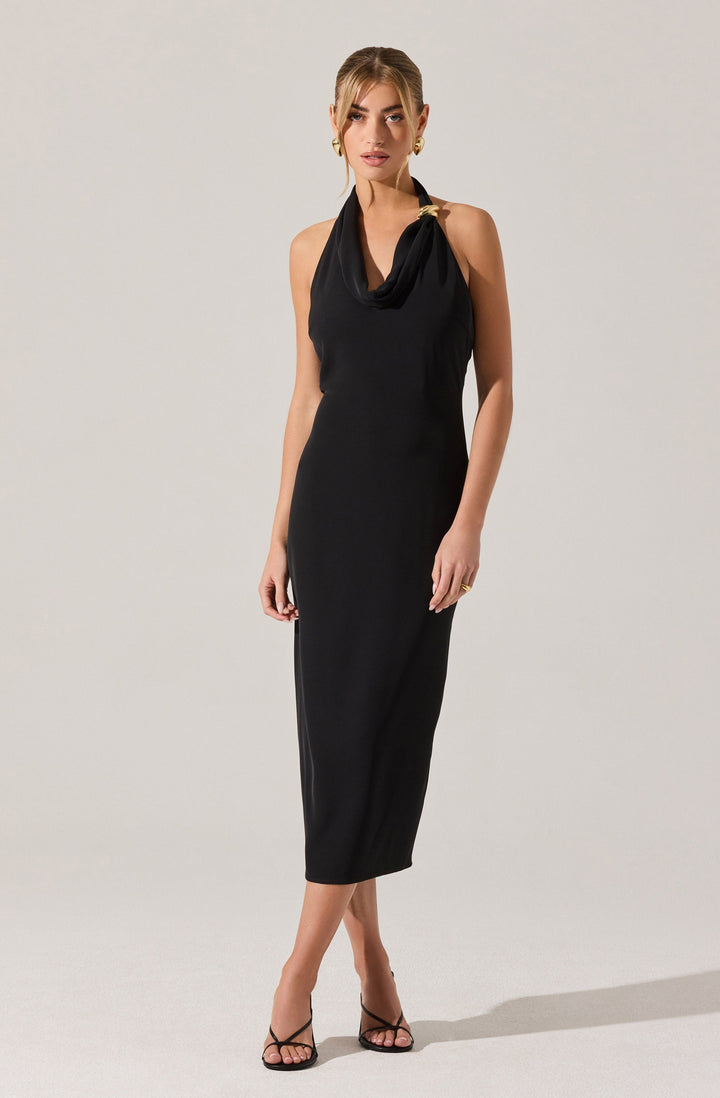 ALANNA HALTER COWL NECK DRESS