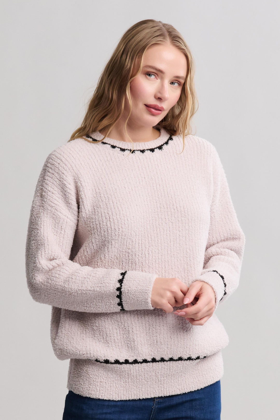 COZYCHIC BLANKET STITCH  RIBBED SWEATER