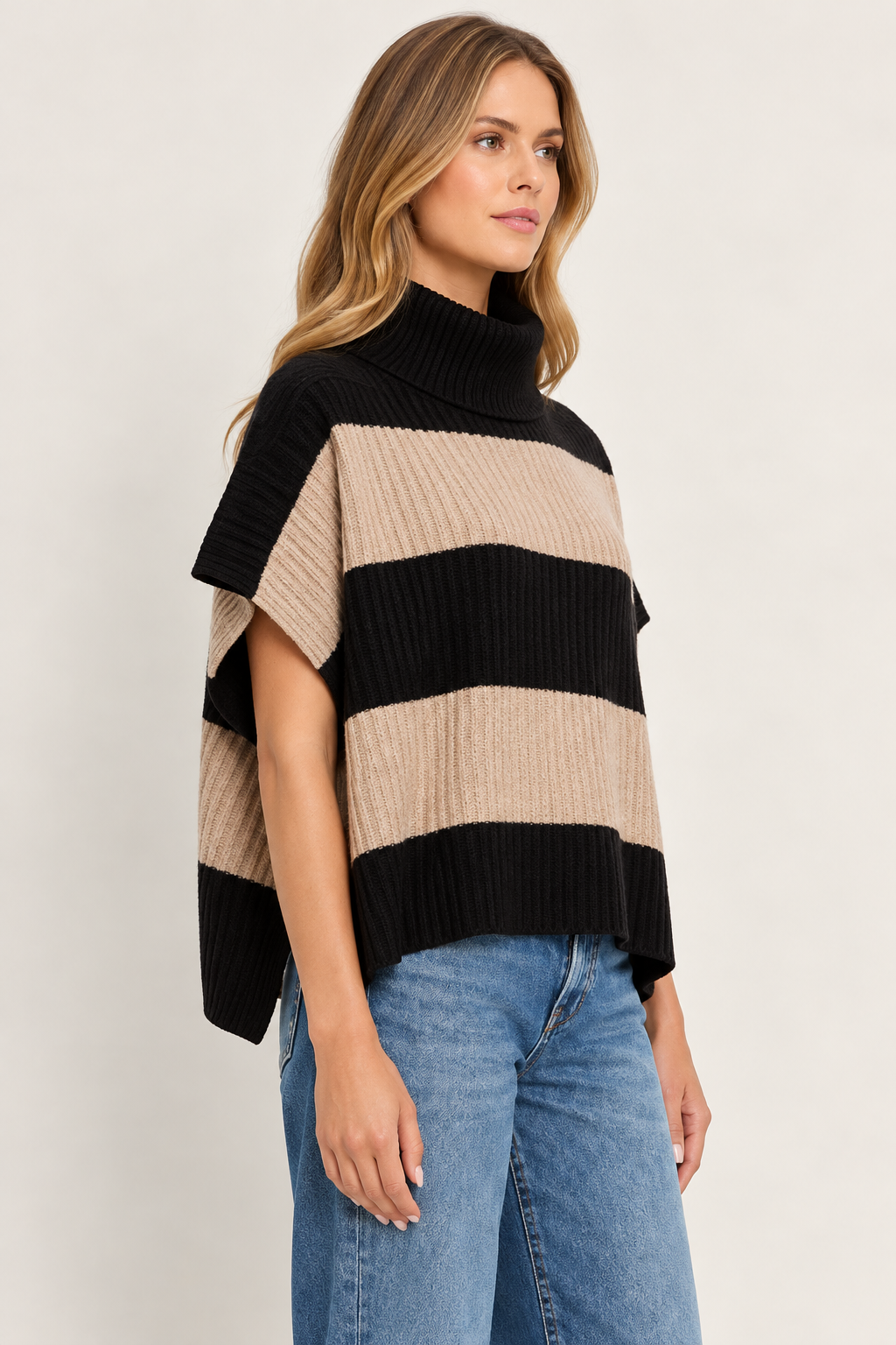 ADELYN STRIPE TURTLENECK PONCHO VEST