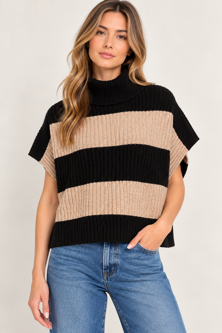 ADELYN STRIPE TURTLENECK PONCHO VEST