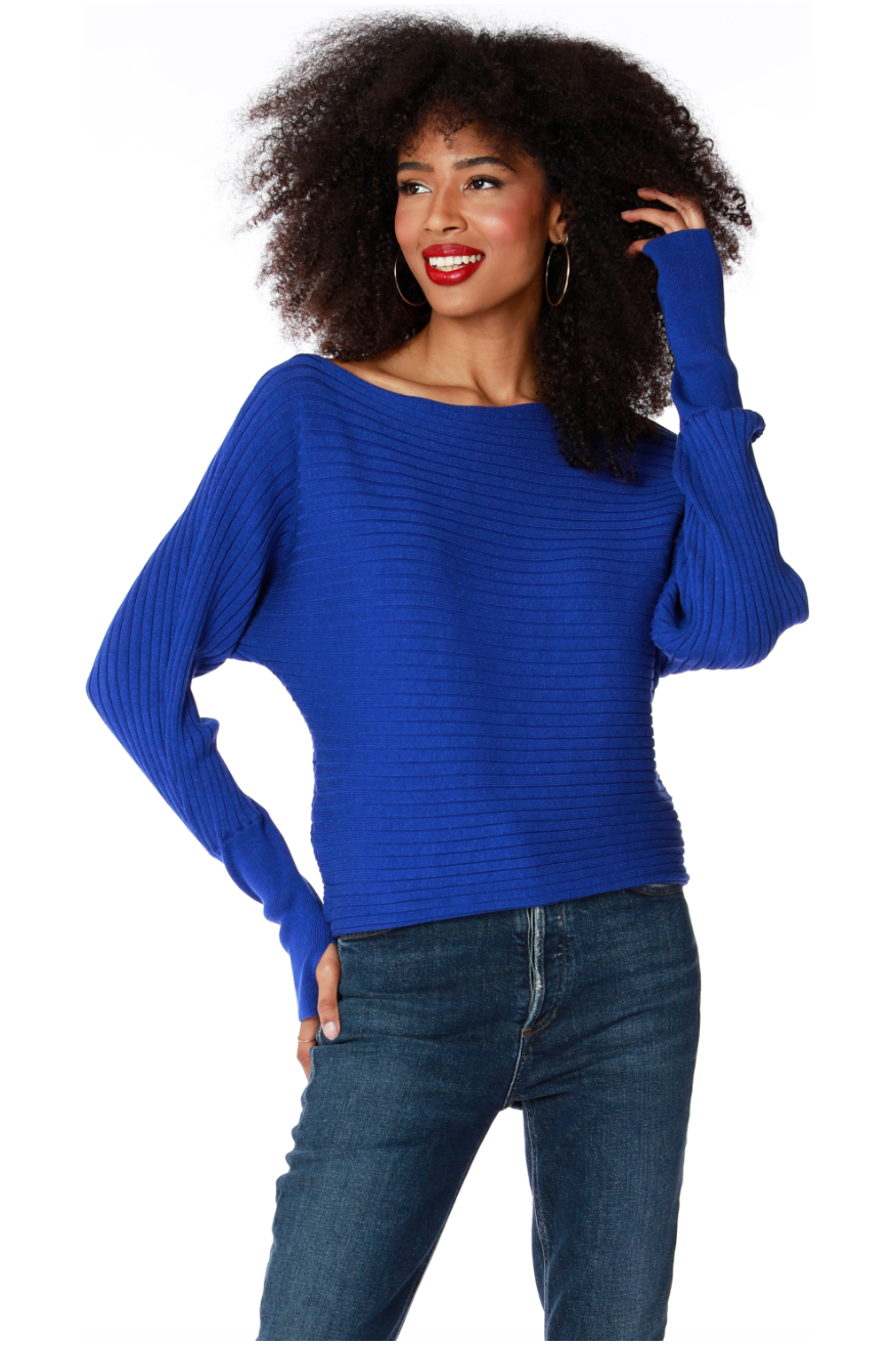 OFF SHOULDER DIRECTIONAL RIB SWEATER