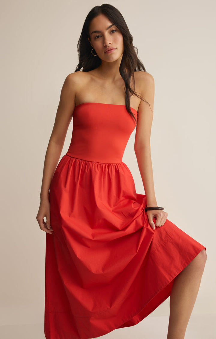 SUNSOUGHT STRAPLESS MIDI DRESS