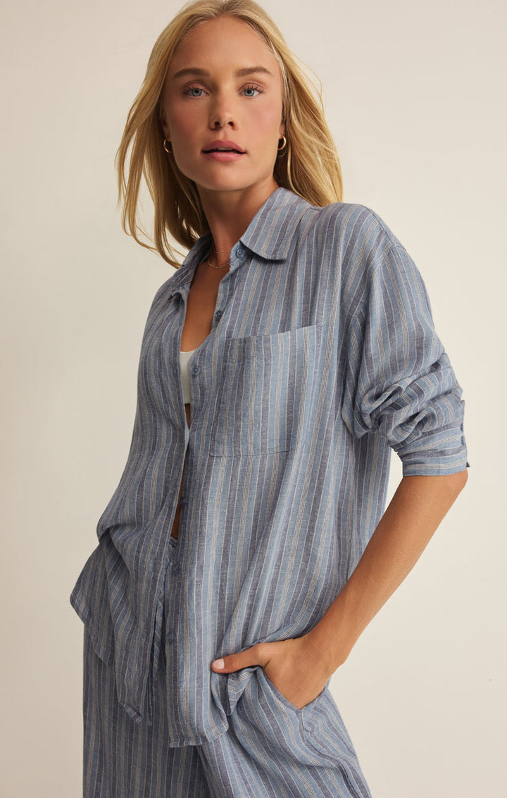 PERFECT STRIPED LINEN BUTTON UP
