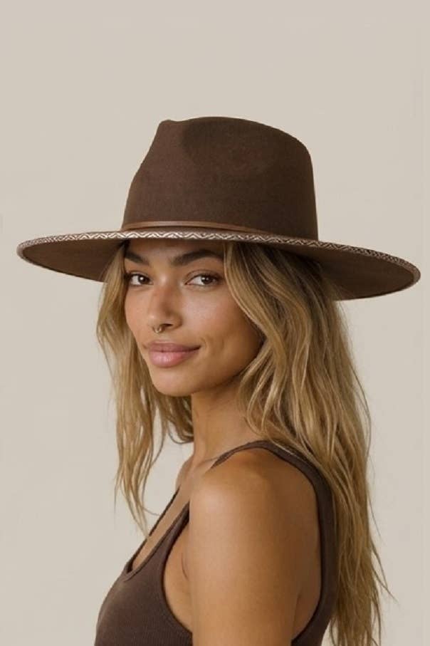 AVRIL - 100% Wool Felt Rancher, Tribal Cocoa Band, Brown