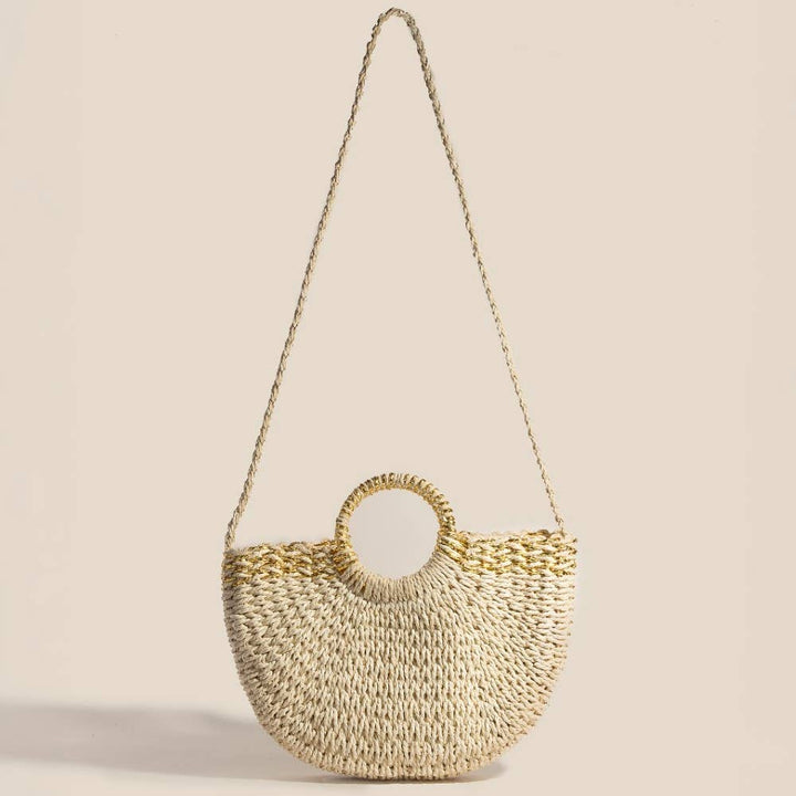Metallic Accented Round Braided Straw Handbag