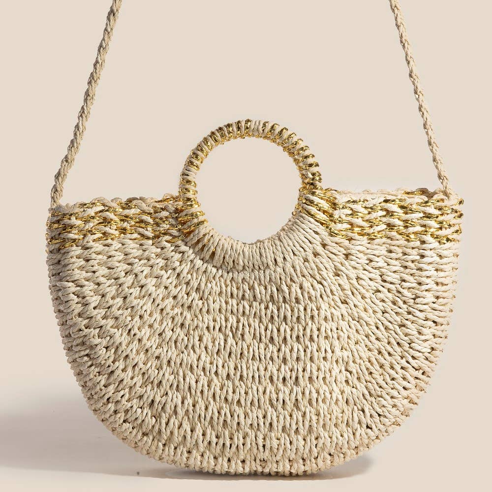 Metallic Accented Round Braided Straw Handbag