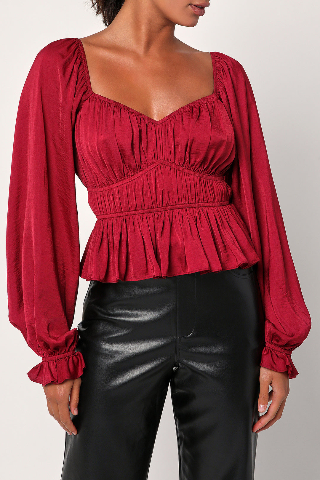 SATIN RUCHED LONG SLEEVE TOP