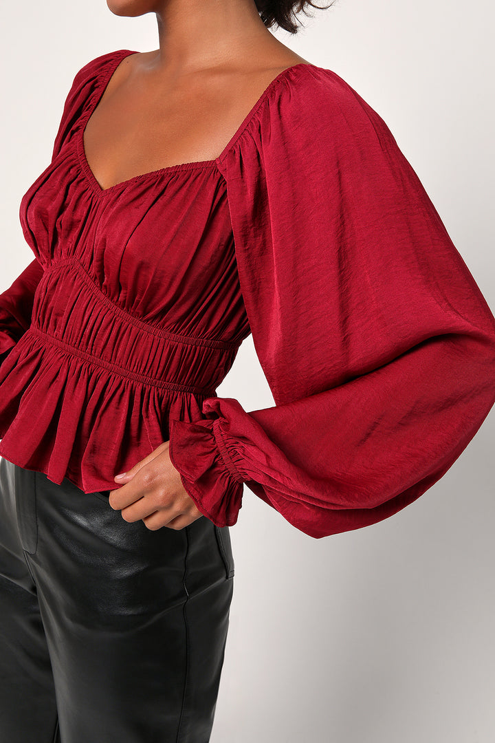 SATIN RUCHED LONG SLEEVE TOP